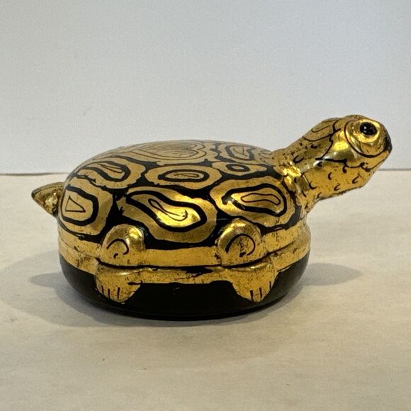 Burmese Shwe Zawa 2 Turtle Lacquerware Trinket Box Container Black Gold Wood - Picture 10 of 16